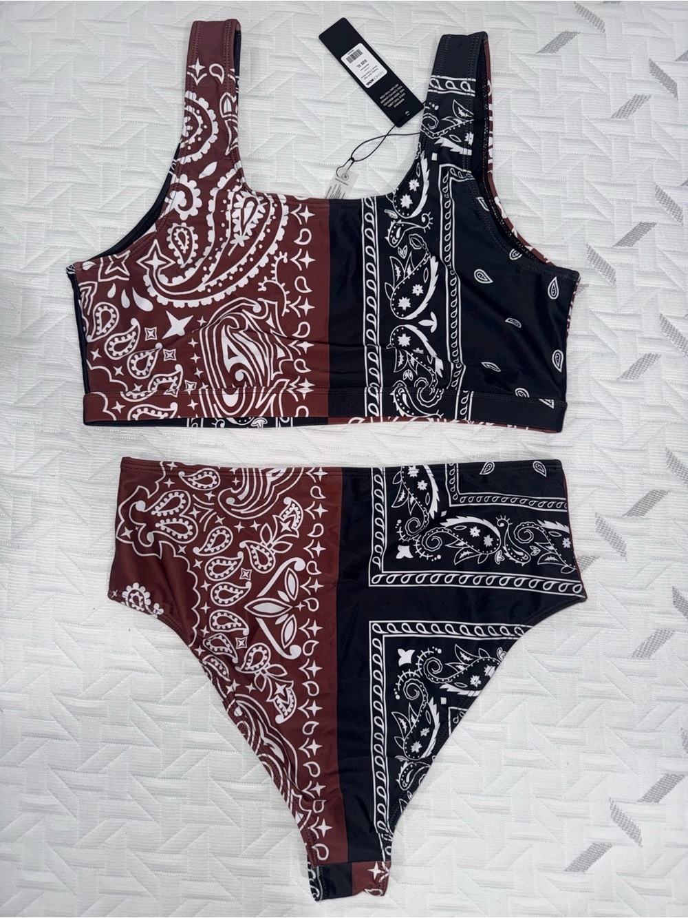 Fashion Nova Bandana Print High Waisted Bikini Set - Black & Brown - Picture 2 of 6